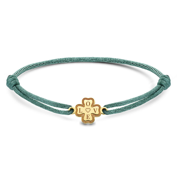 Lucky Clover Bracelet With Initial 4 Leaf Clover Silk Cord 